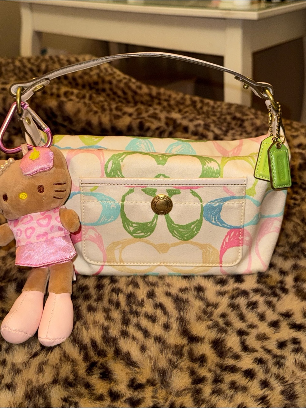 Coach Pastel Multicolor Signature Mini Shoulder Bag with Green Coach Tags